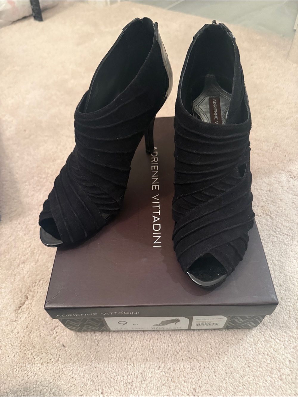 Adrienne Vittadini Black Suede Ruched Peep-Toe Stiletto Booties Sz 9